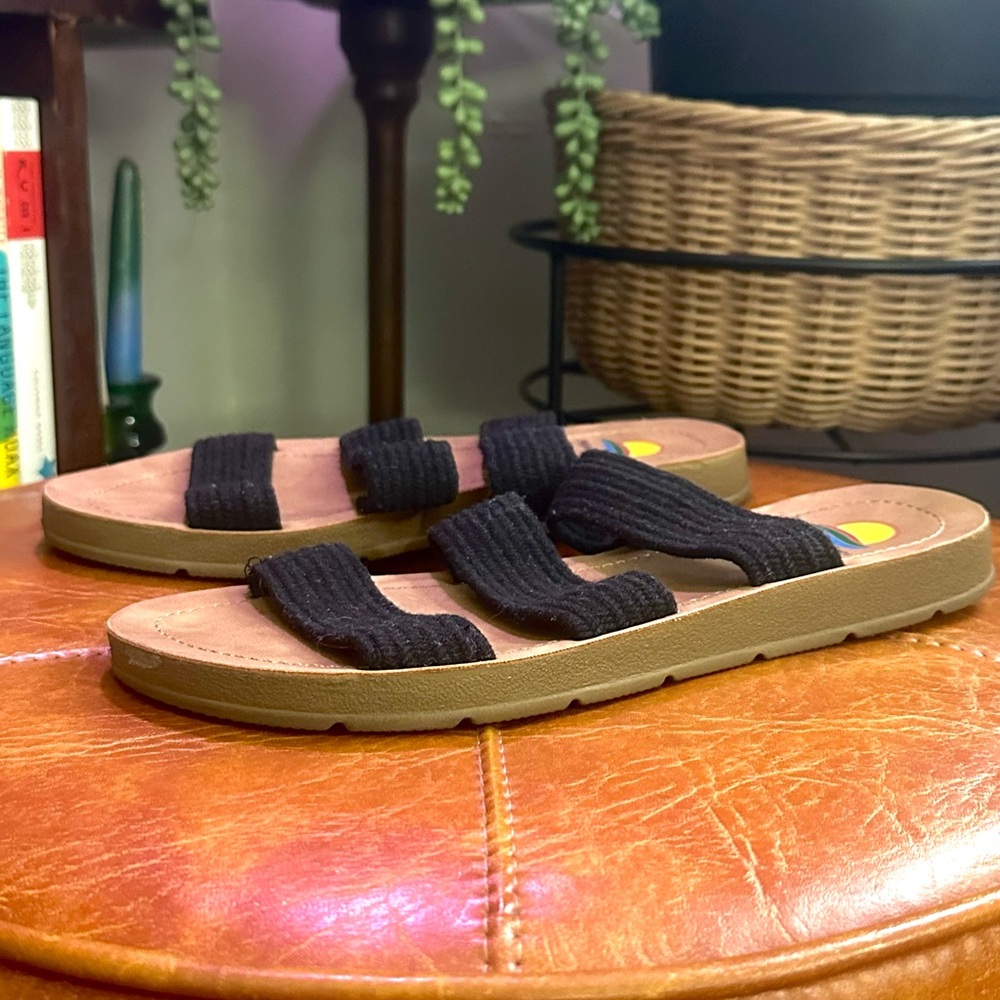 Black Strap Sandals with Brown Soles